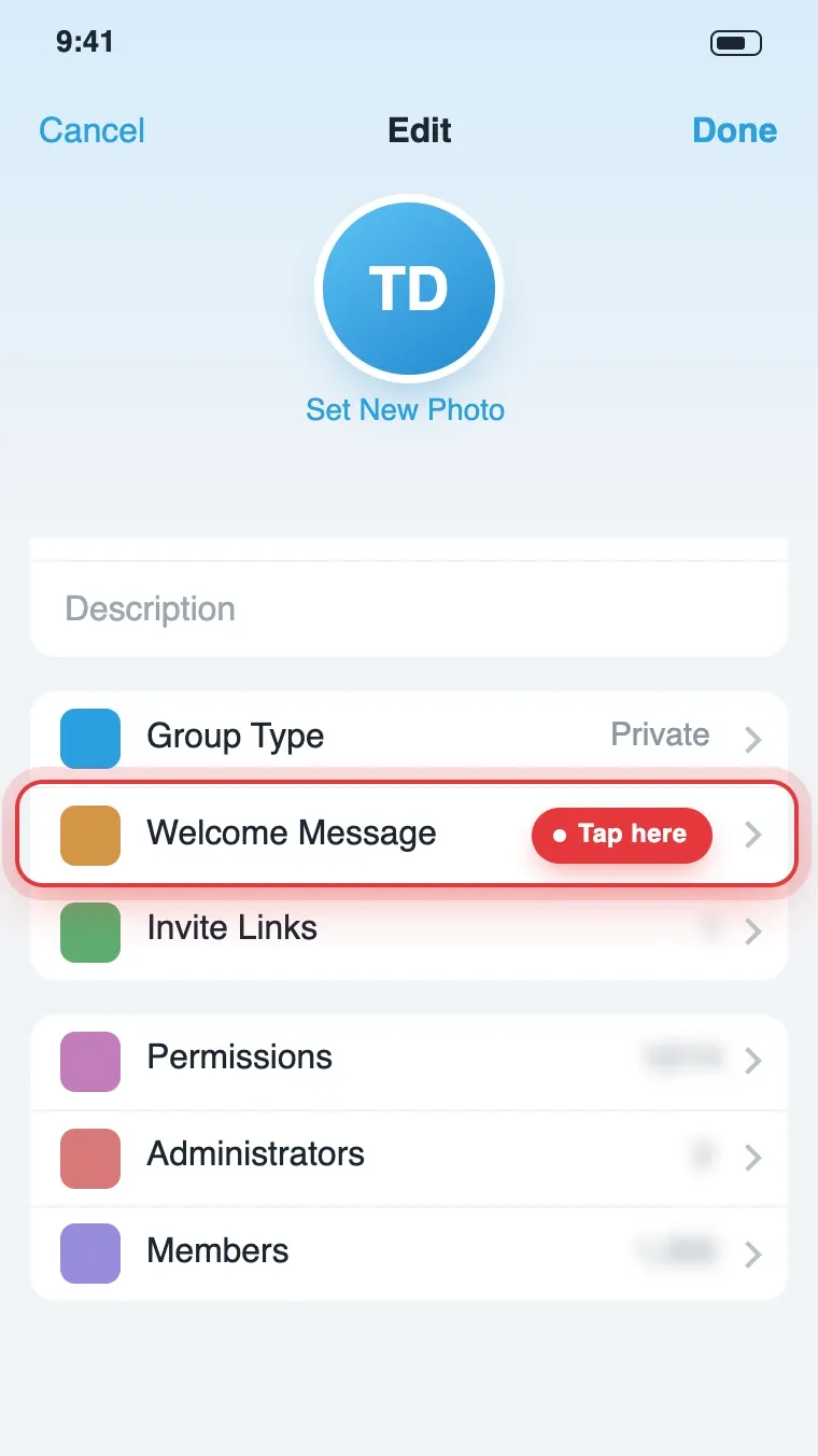 Welcome Message option in Telegram group settings