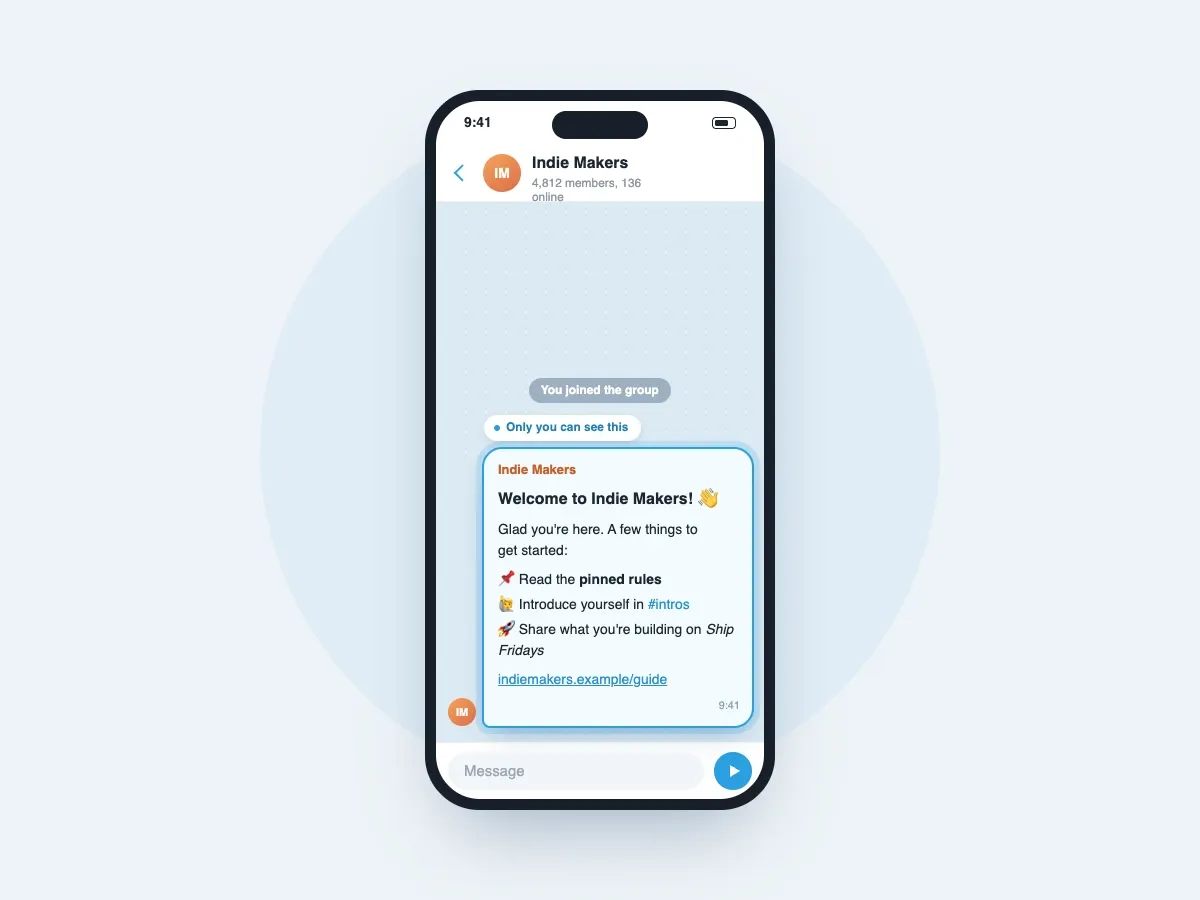 Example of a Telegram welcome message for a community group