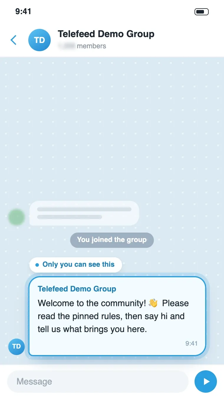 Telegram welcome message shown to a new group member